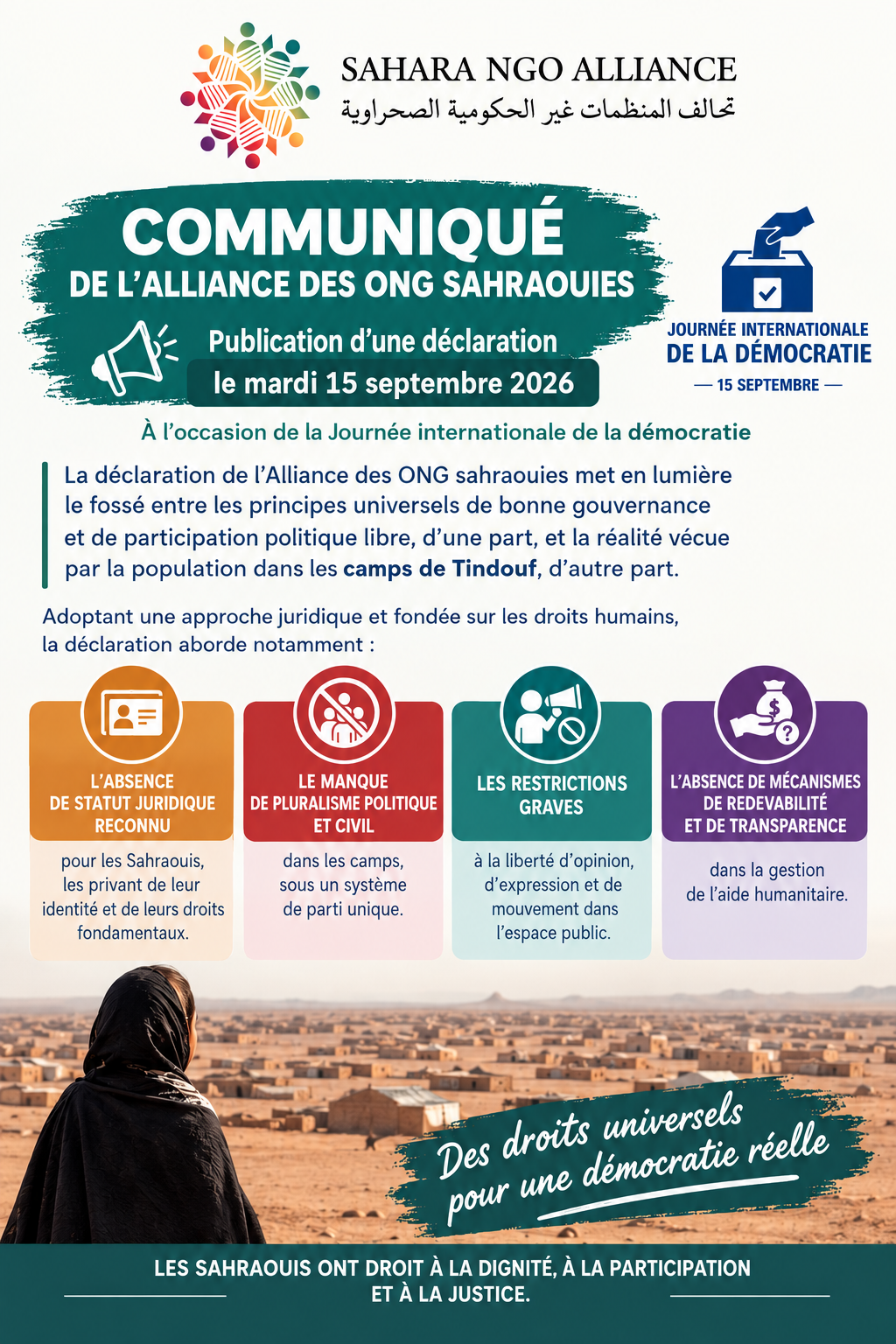 Déclaration de l'Alliance des ONG sahraouies à l'occasion de la Journée internationale de la démocratie